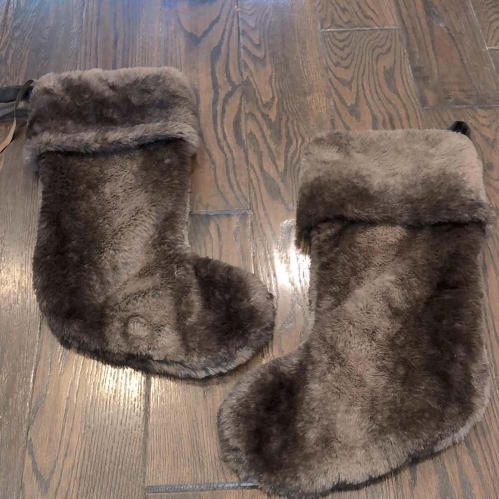 Pair of large brown faux fur Christmas stockings